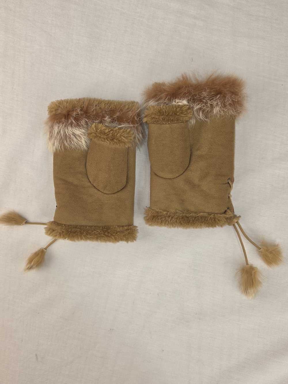 La Fiorentina Tan Faux-Suede Fingerless Gloves with Fur Trim